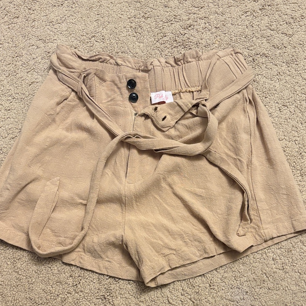 Pink Lily High-Waist Paperbag Linen Tie Shorts in Beige